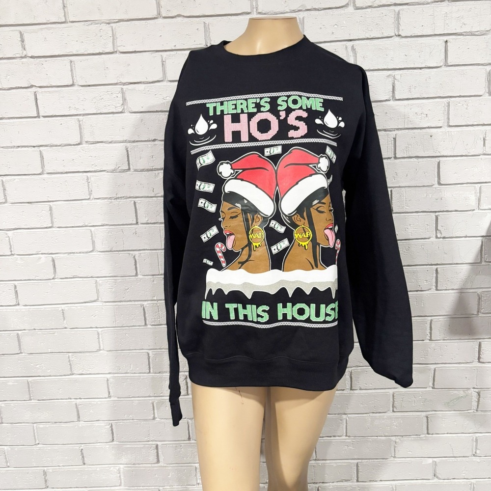 Cardi B Holiday Sweatshirt Graphic Long Sleeve Black Top Statement Y2K Medium